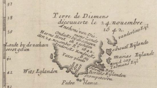 1663 map of Van Diemen’s Land, showing the parts discovered by Tasman, including Storm Bay, Maria Island, and Schouten Island.