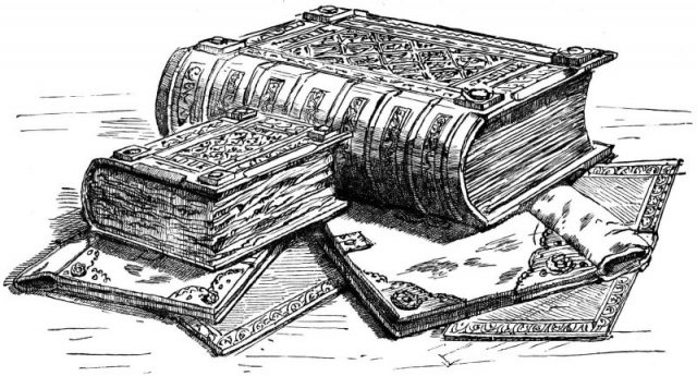 Domesday Book: an engraving published in 1900. Great Domesday (the larger volume) and Little Domesday (the smaller volume), in their 1869 bindings, lying on their older “Tudor” bindings.