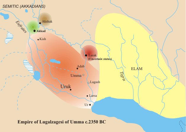 Sumerian king Lugal-Zage-Si of Umma’s domains (red), c. 2350 BC Photo by Zunkir CC BY-SA 3.0
