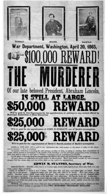Wanted poster for John Wilkes Booth, John Surratt, and David Herold (1865)
