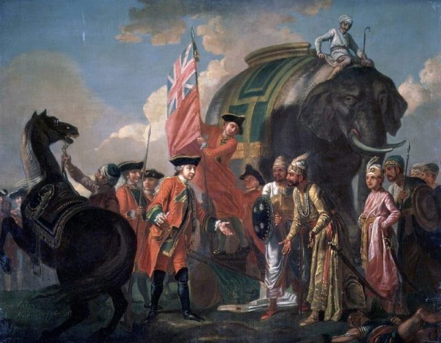 Lord Clive of the East India Company meeting his ally Mir Jafar after their decisive victory at the Battle of Plassey in 1757.