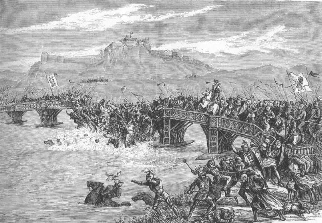 A Victorian depiction of the Battle of Stirling Bridge in September 1297. The bridge collapse suggests that the artist has been influenced by Blind Harry’s account.