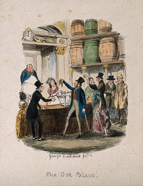 A busy gin palace bar with customers buying drinks. Coloured etching by G. Cruikshank, c. 1842. Photo by Wellcome Images CC BY 4.0