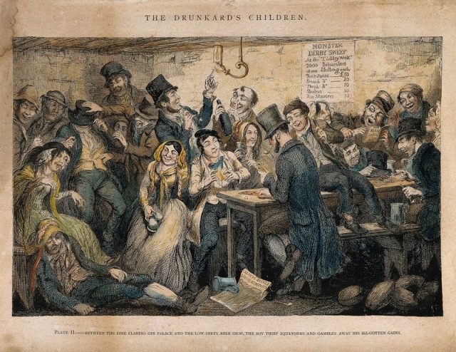A drunken scene in a beer shop with a young thief gambling. Coloured etching by G. Cruikshank, 1848, after himself. Photo by Wellcome Images CC BY 4.0