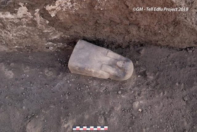 Female ancestor bust found on the floor of the domestic sanctuary. Photo ©GM – Tell Edfu Project 2018