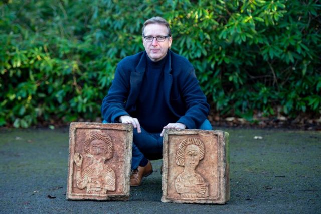 Two priceless stone reliefs stolen from a mysterious ancient Spanish church in 2004 were handed back after they were traced to an English garden where they were displayed as ornaments. Dubbed the ‘Indiana Jones of the art world’ because of his exploits, Dutch art detective Arthur Brand said he handed the carvings back to the Spanish embassy at a private ceremony in London. (Photo credit NIKLAS HALLE’N/AFP/Getty Images)