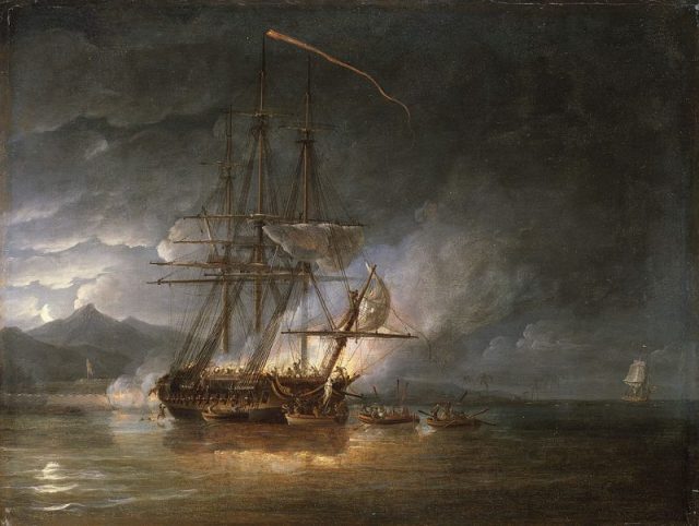 HMS Hermione being cut out of Puerto Cabello by boats from HMS Surprise by Nicholas Pocock.