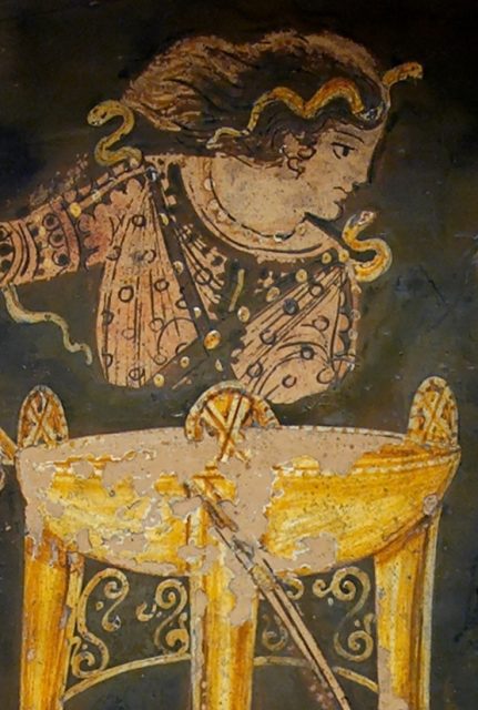 Paestan red-figure bell-krater depicting the Delphic oracle sitting atop her tripod, circa 330 BC.