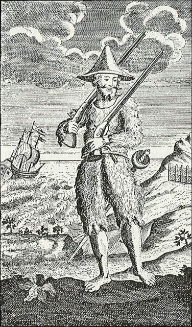 An illustration of Crusoe in goatskin clothing shows the influence of Selkirk