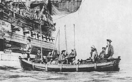 The rescued Selkirk, seated at right, being taken aboard Duke