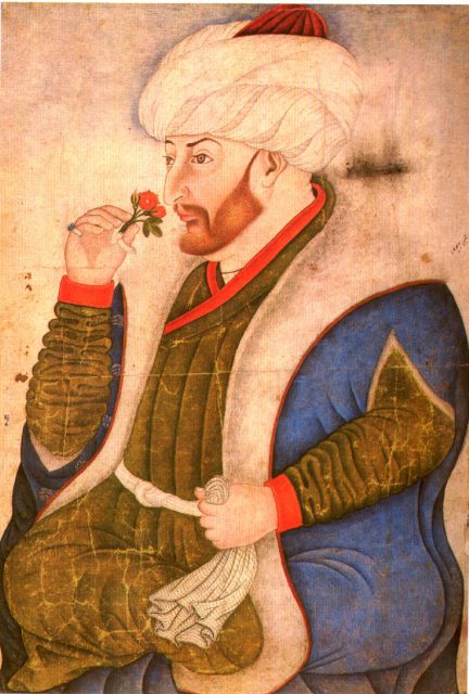Sultan Mehmed II smelling a rose, from the Topkapı Sarayı (Palace) Albums. Hazine 2153, folio 10a.
