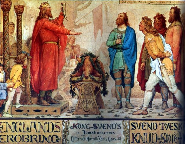 Sweyn and the Jomsvikings at the funeral ale of his father Harald Bluetooth. Painting by Lorenz Frølich, c. 1883–86, Frederiksborg Castle.