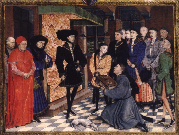 Rogier van der Weyden miniature, 1447-8. Philip dresses his best, in an extravagant chaperon, to be presented with a History of Hainault by the author, Jean Wauquelin, flanked by his son Charles and his chancellor Nicolas Rolin.