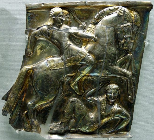 Etruscan riders, silver panel 540–520 BC, from Castel San Marino near Perugia, Italy.