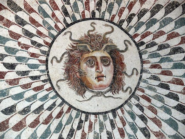 The Medusa’s head central to a mosaic floor in a tepidarium of the Roman era. Museum of Sousse, Tunisia Photo by Ad Meskens CC BY-SA 3.0