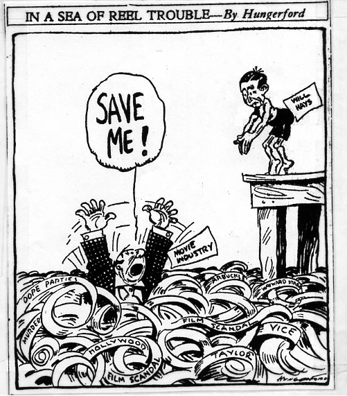 1922 editorial cartoon by Cy Hungerford illustrating the perception that Hays was coming to rescue the movie industry