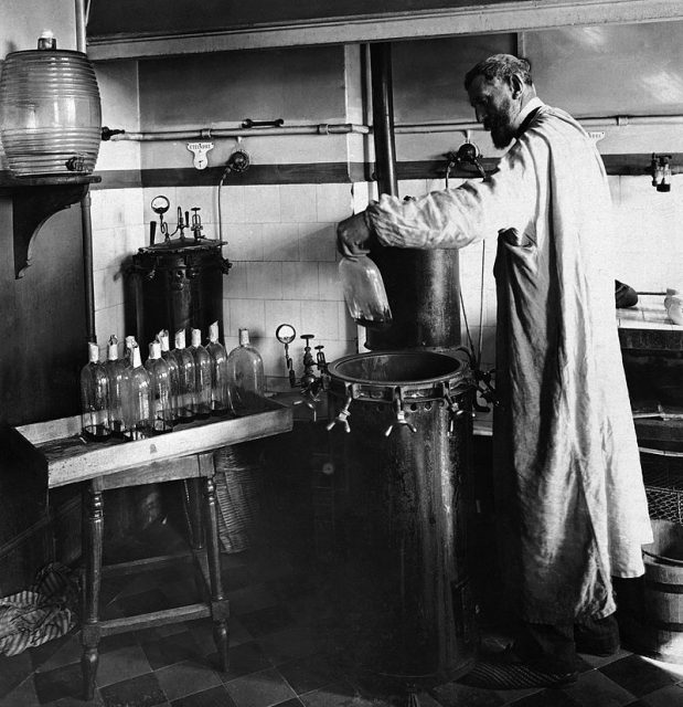 Pasteur experimenting in his laboratory.