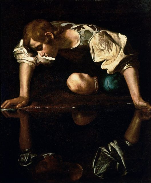 Narcissus by Caravaggio depicts Narcissus gazing at his own reflection