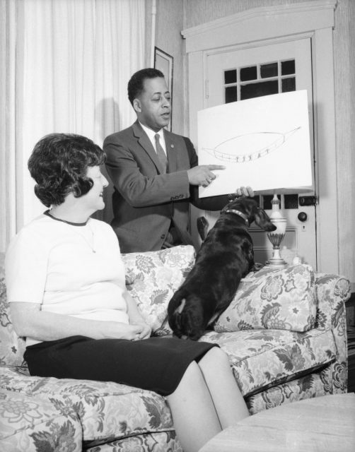 “Barney and Betty Hill who claim to have been abducted by aliens describe their experience as Barney holds up a diagram”