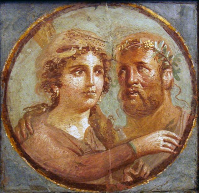 Heracles and Omphale, Roman fresco, Pompeian Fourth Style (45–79 AD), Naples National Archaeological Museum, Italy. Photo by Stefano Bolognini