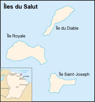 Map of the Salvation Islands (Îles du Salut), off the coast of French Guiana.