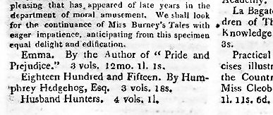 In 1816 the editors of The New Monthly Magazine noted Emma’s publication, but chose not to review it.
