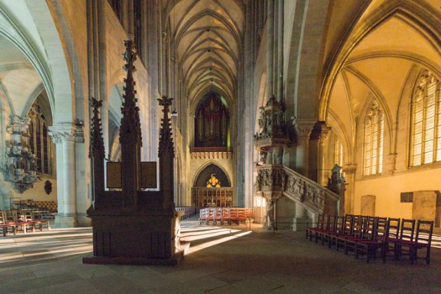 Magdeburg, Germany – June 9, 2018: Night view into the cathedral of Magdeburg, Germany.