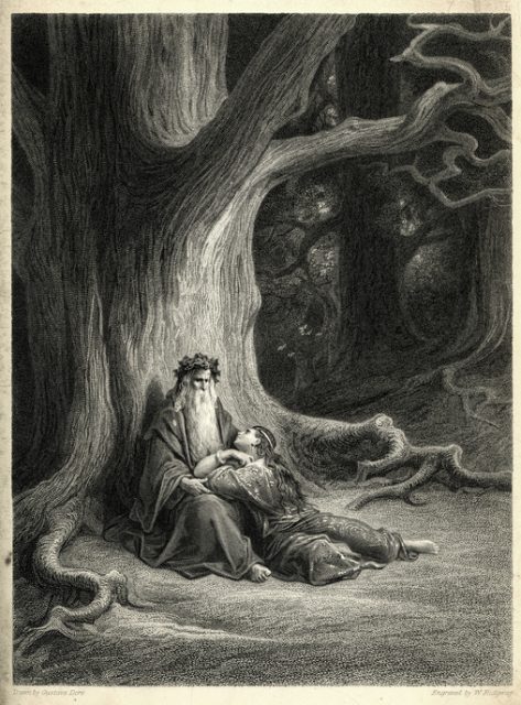Vintage engraving of Merlin and Vivien repose. At Merlin’s feet the wily Vivien lay.