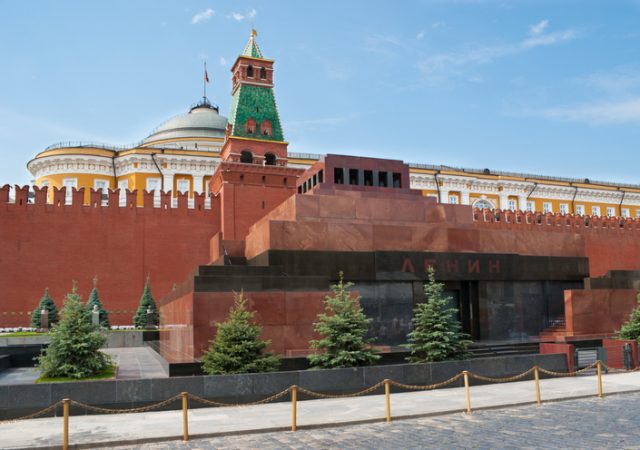 Lenin’s Mausoleum also known as Lenin’s Tomb, situated on Red Square, is the mausoleum that serves as the current resting place of Vladimir Lenin. The Senatskaya Tower, Moscow Kremlin Wall and Kremlin Senate on the background.
