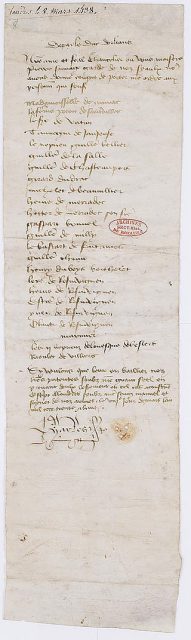 Manuscript in the hand of Charles of Orléans. List of Lords authorized to carry his order. London, March 8, 1438.