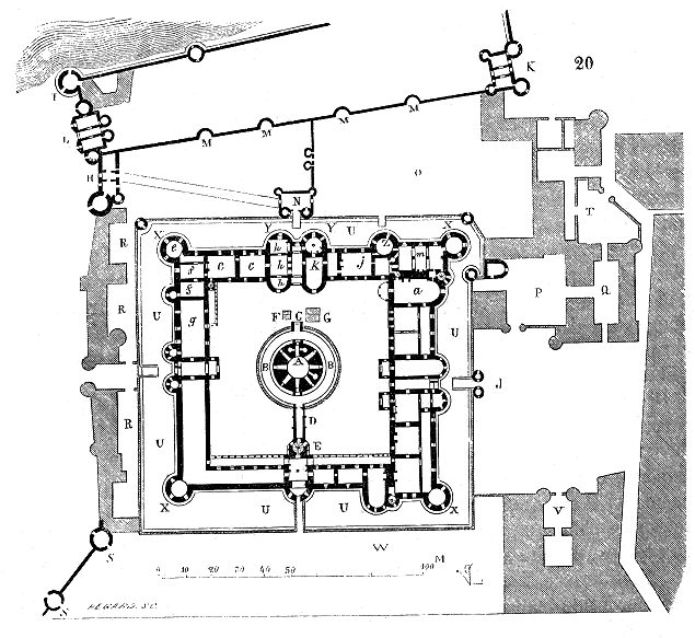 Map of the Louvre castle under Charles V (reigned 1364-1380) as reconstructed in 1856. The map is inverted with the South (and Seine river) at the top of the image.