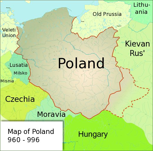 Map of Poland under the rule of Duke Mieszko I, who is considered to be the creator of the Polish state, c. 960–996. Photo by Bede CC BY-SA 3.0
