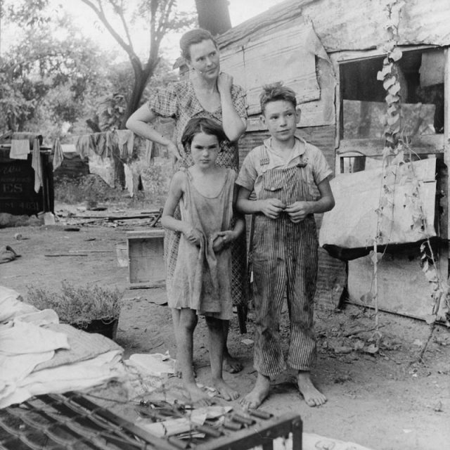 An impoverished American family living in a shanty, 1936
