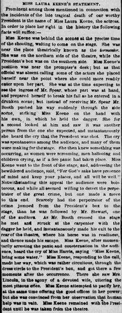 An account of Lincoln’s assassination given by Laura Keene in the New York Herald a couple of days later