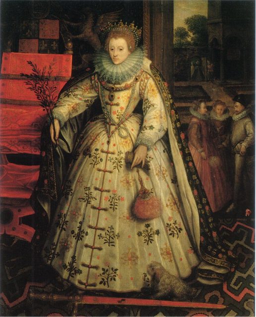 Queen Elizabeth at Wanstead Hall. The figures in the garden may include representations of Robert and Lettice Dudley. Painting by Marcus Gheeraerts the Elder
