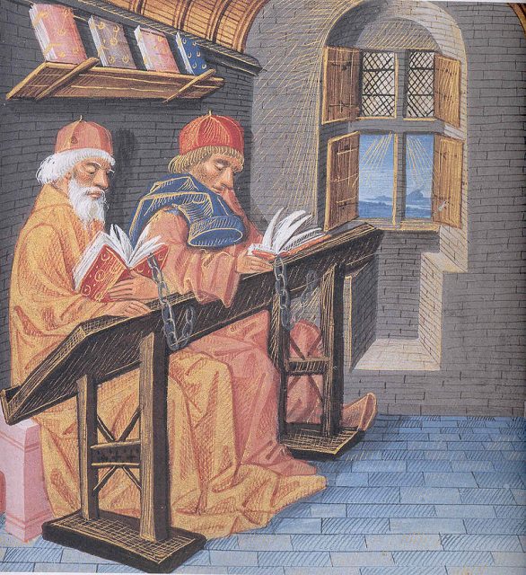 Reader in a scriptorium or library. Book illustration, 15th century. Musee Condé, Chantilly