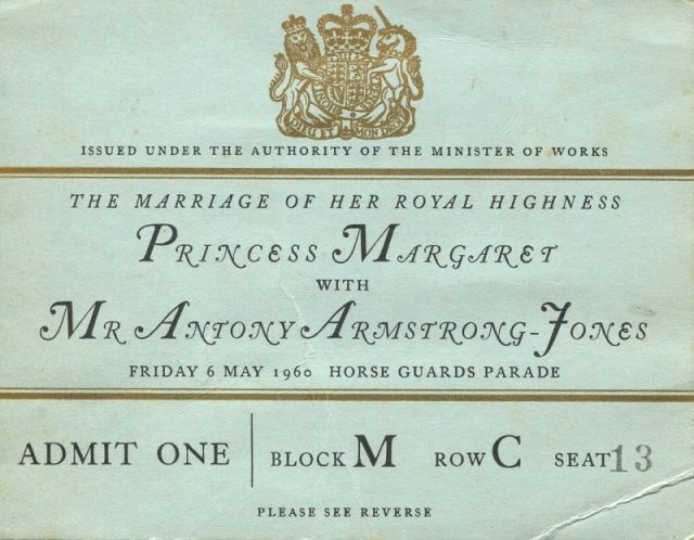 A ticket for the wedding procession of Princess Margaret, Countess of Snowdon