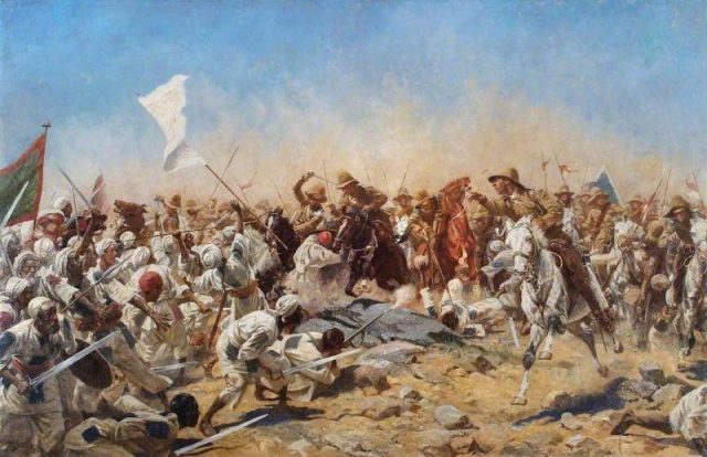 A depiction of the Battle of Omdurman; in the battle, Churchill took part in a cavalry charge