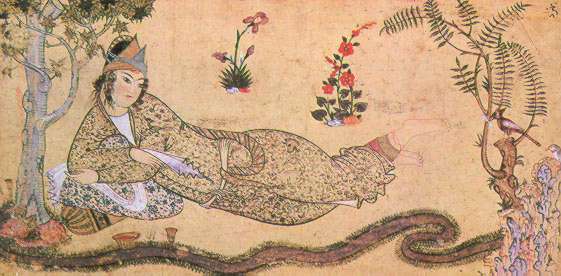Bilqis reclining in a garden, Persian miniature (ca. 1595), tinted drawing on paper