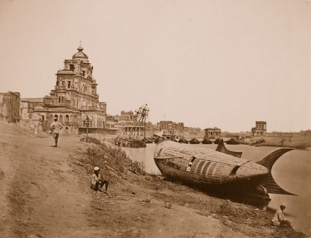 The Chattar Manzil Palace and the Royal Boat of Oude on the Gomti River in Lucknow, India. Photograph taken by Felice Beato, 1858. Albumen silver print.