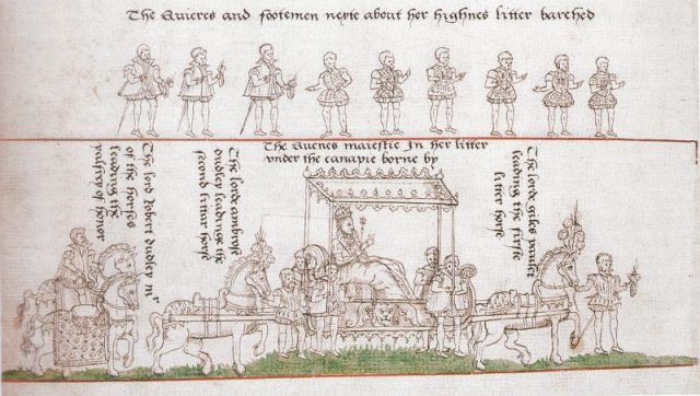 Elizabeth’s coronation procession: Robert Dudley is on horseback on the far left, leading the palfrey of honour