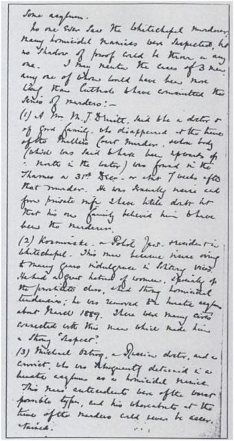 The 1894 memorandum written by Sir Melville Macnaghten, Assistant Chief Constable of the London Metropolitan Police, naming ‘Kosminski’ as one of three suspects in the Jack the Ripper case. The other two suspects he named were Montague Druitt and Michael Ostrog.