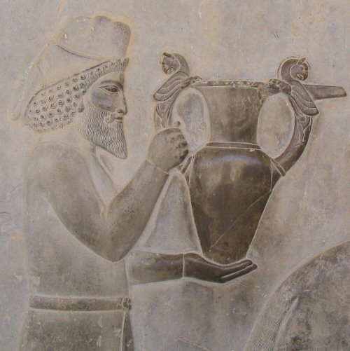 Detail of a relief of the eastern stairs of the Apadana, Persepolis, depicting Armenians bringing an amphora, probably of wine, to the king. Photo by Aryamahasattva CC BY-SA 3.0