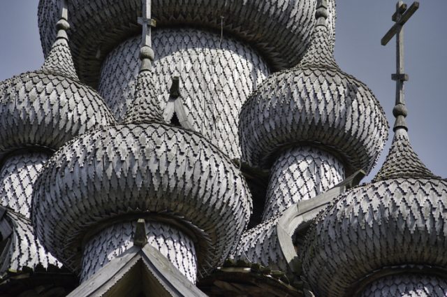 Close-up on the domes of the Church of Transfiguration, Kizhi Island, Russia.