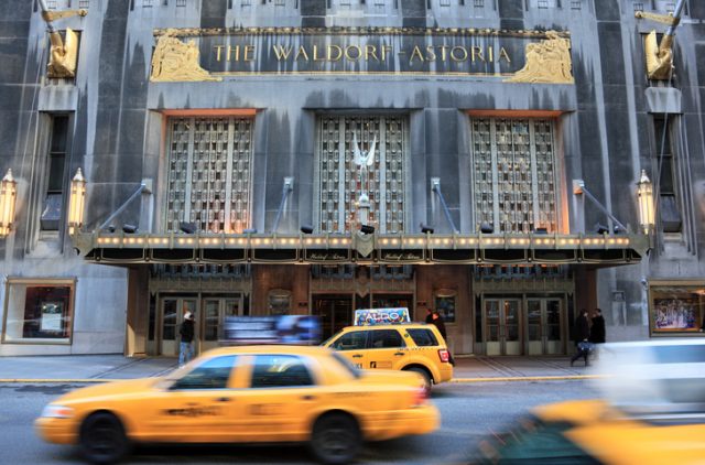 New York, USA – February 20, 2011: The Waldorf-Astoria Hotel, New York City is a luxury hotel located at 301 Park Avenue. The building is an Art Deco landmark dating from 1931 and was the first hotel to offer room service.