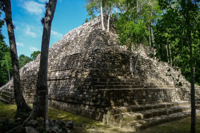 Sight of the Mayan pyramid in ruins in the archaeological Balamku enclosure in the reservation of the biosphere of Calakmul, Campeche, Mexico
