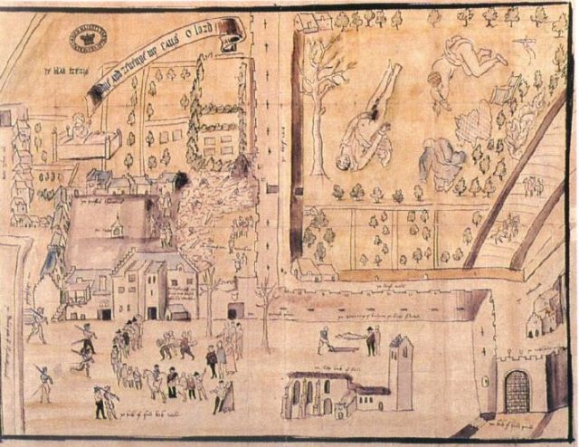 1567 drawing of Kirk o’ Field after the murder of Darnley, drawn for William Cecil shortly after the murder.