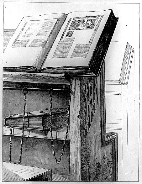 Press with chained book in the Library of Cesena, Italy; original drawing has caption “part of a bookcase at Cesena to shew the system of chaining”