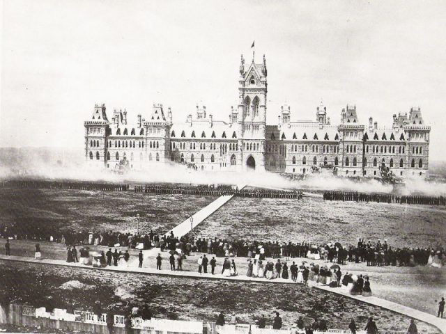Troops deliver a feu de joie on Parliament Hill for the Queen’s Birthday Review in 1868