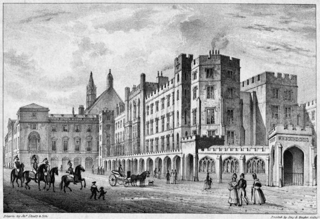 A drawing depicting the old Palace of Westminster, which suffered in a fire in 1834. In the foreground, the Old Palace Yard.